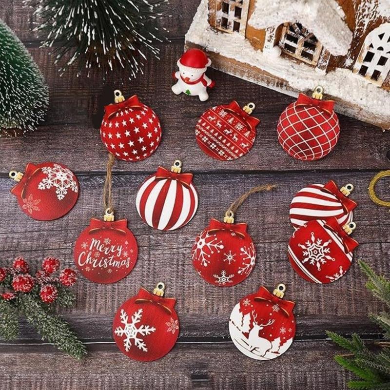 Packung mit 12 natürlichen Holz-Rotkugel-Weihnachtsbaumschmuck Hängedekoration für Baum Wand Feierparty Zubehör
