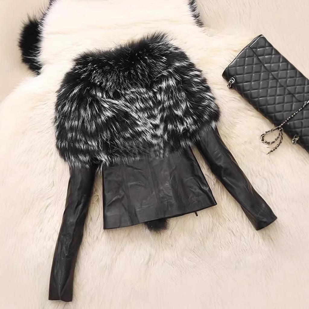 Two-Piece Striped Faux Fox Fur Leather Coat