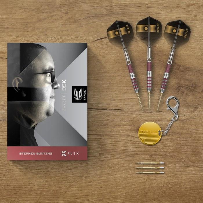 TARGET Darts Stephen Bunting 95K Steel Tip Dart Set, 22G/23G. Includes Kflex Flight & Shaft, 95% Tungsten Darts, Spare Gold DX Points &