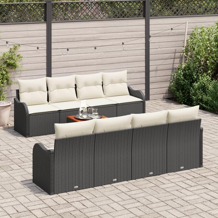 9-piece Garden Sofa with Cushions Black Poly Rattan Acacia, 2-seater Garden Sofa with Cushions Black Poly Rattan 3347425