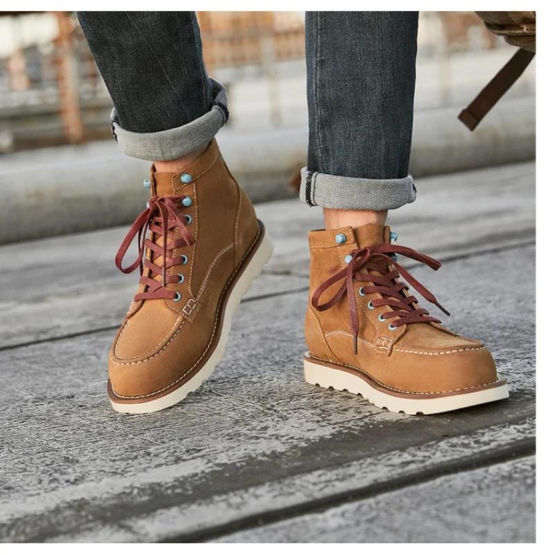 Fashion Large Yellow Ankle Boots For Men's Lace Up Anti Slip Work Clothes Boots Genuine Leather Warm Shoes Combat Boots 2024 Retro Style