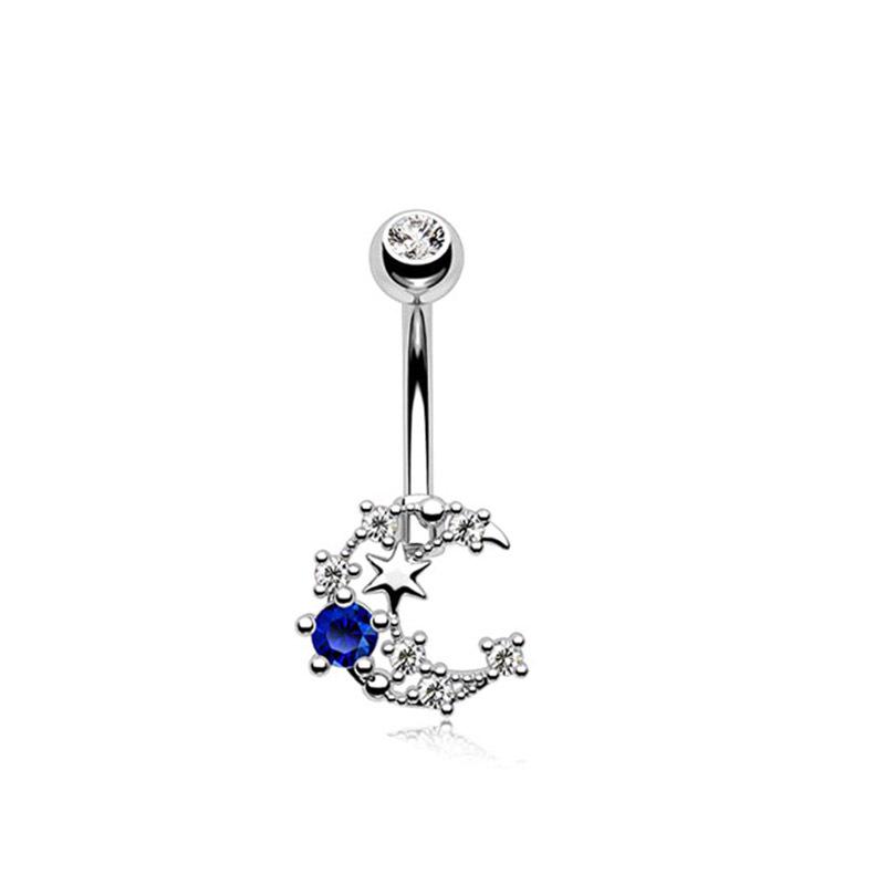 Blue Zircon Moon & Water Drop Belly Button Ring Set - 5 Pieces