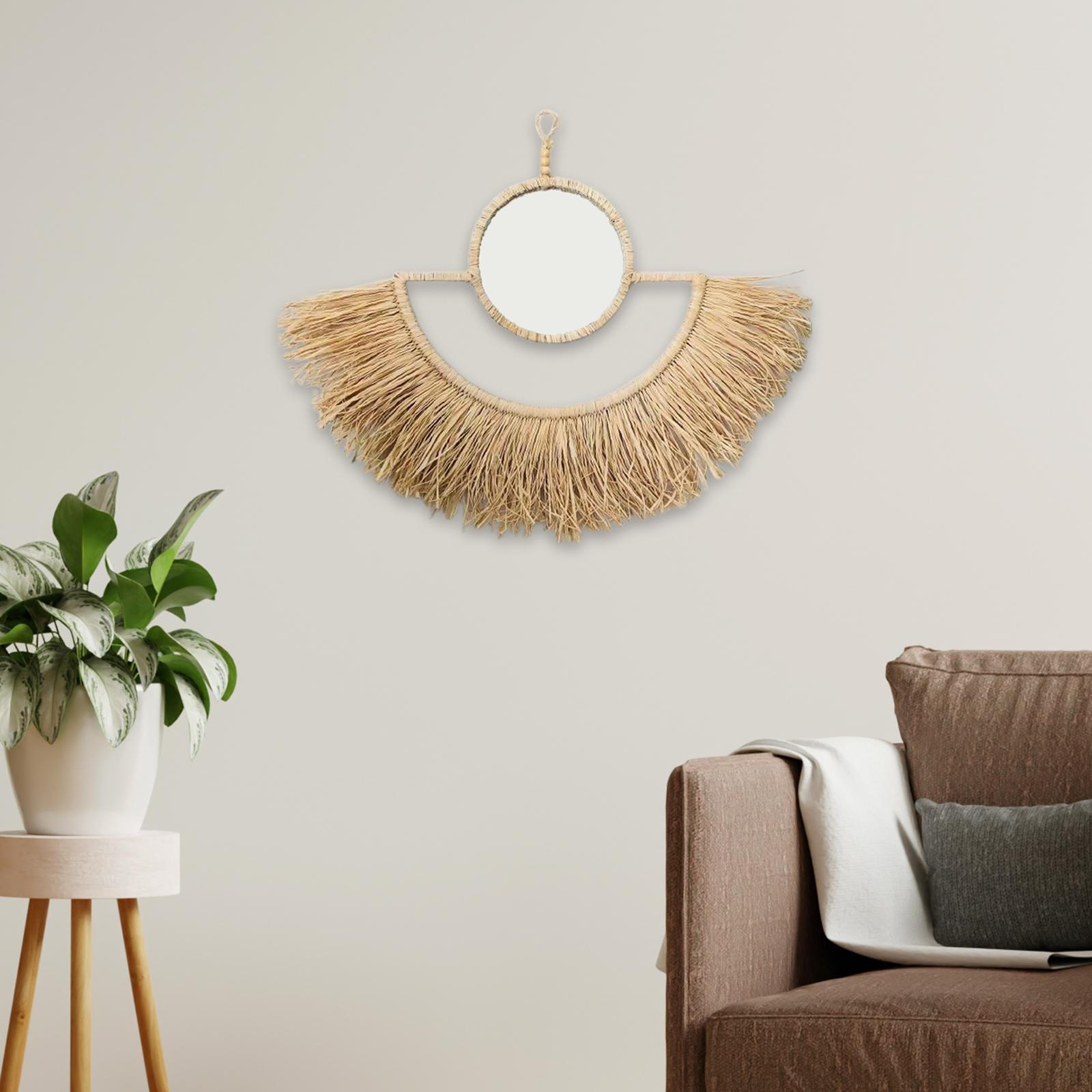 

Boho Hanging Mirror Straw Made Fan-Shaped Decor Unique Multifunctional Wall for Dorm