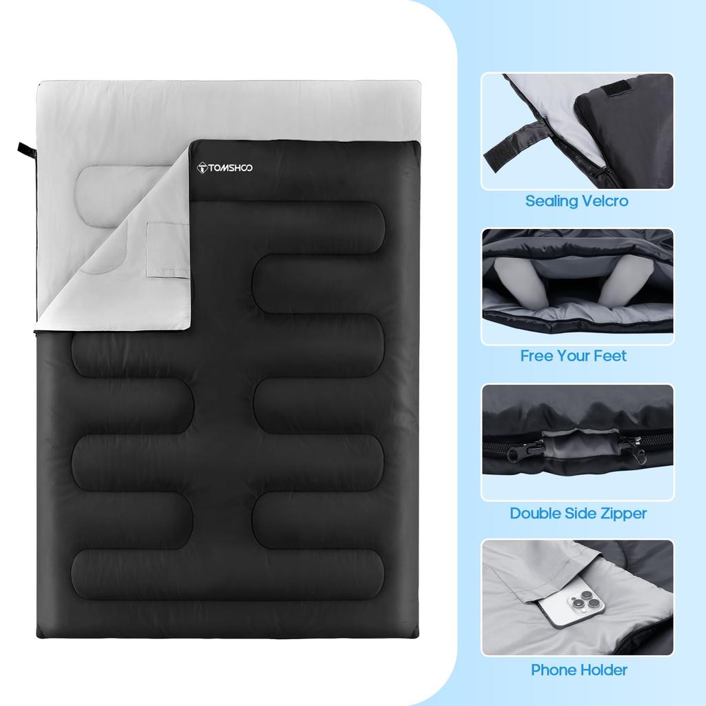 TOMSHOO Double Sleeping Bag with 2 Perfect for Outdoor Emergency and Car Fully Comfortable Temperature Range from to Suitable for and Includes Storage