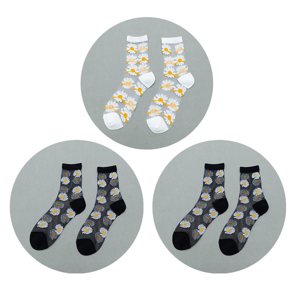 3 Pairs Of Women's Flower Socks Summer Crystal Glass Stockings Medium Short Tube Thin Transparent Daisy  Jacquard Elastic  Socks