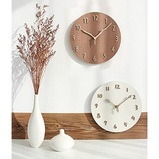 Wall clock wood stylish Nordic silent round frameless cute 12 inches (diameter 30cm) natural solid panel 3D three-dimensional numbers creative wooden