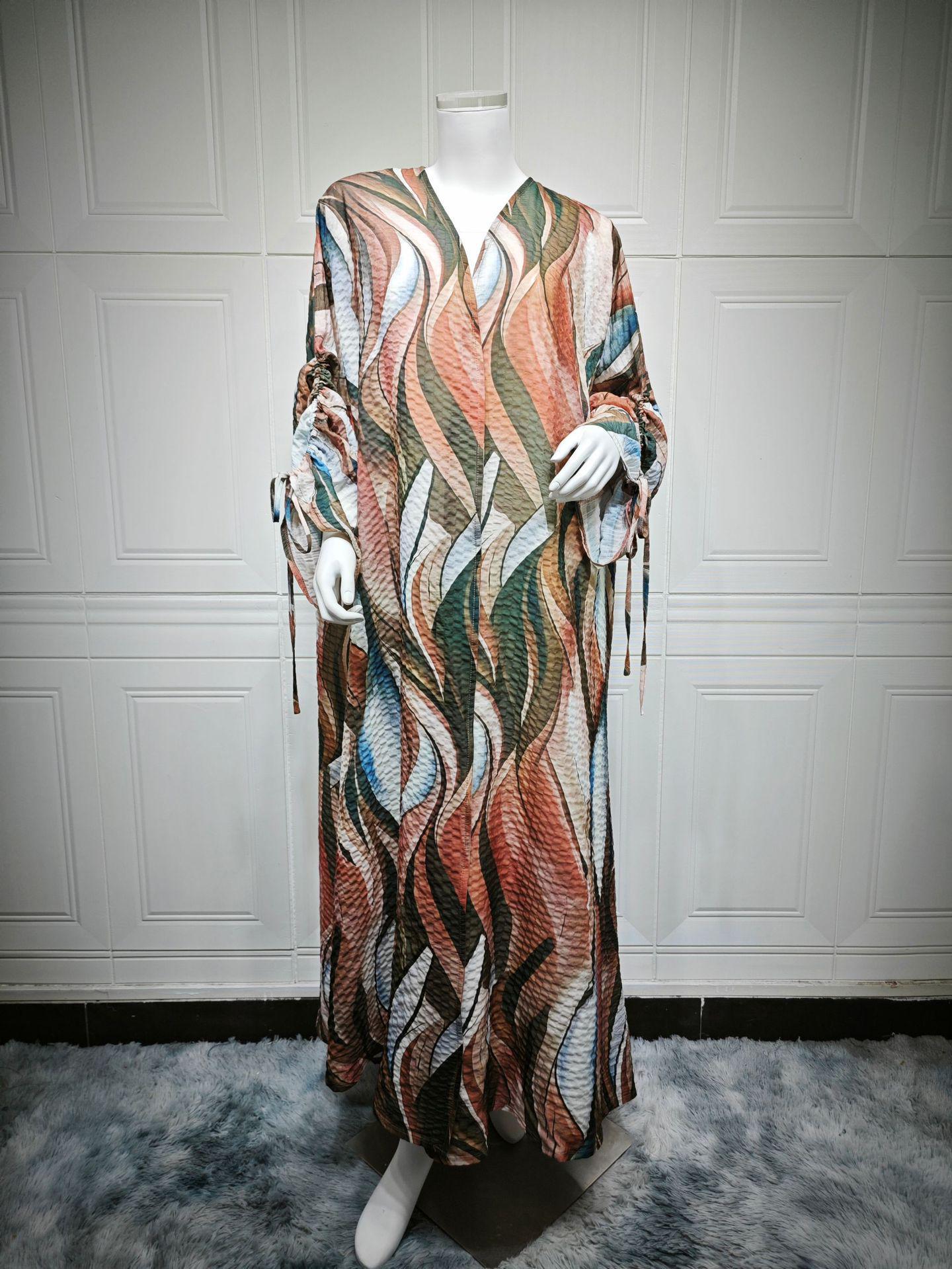 

Дубайский кардиган: Пальто из мятого льна с принтом, Абайя кросс-бордер, с манжетами на кулиске - Женская мода One Size хаки