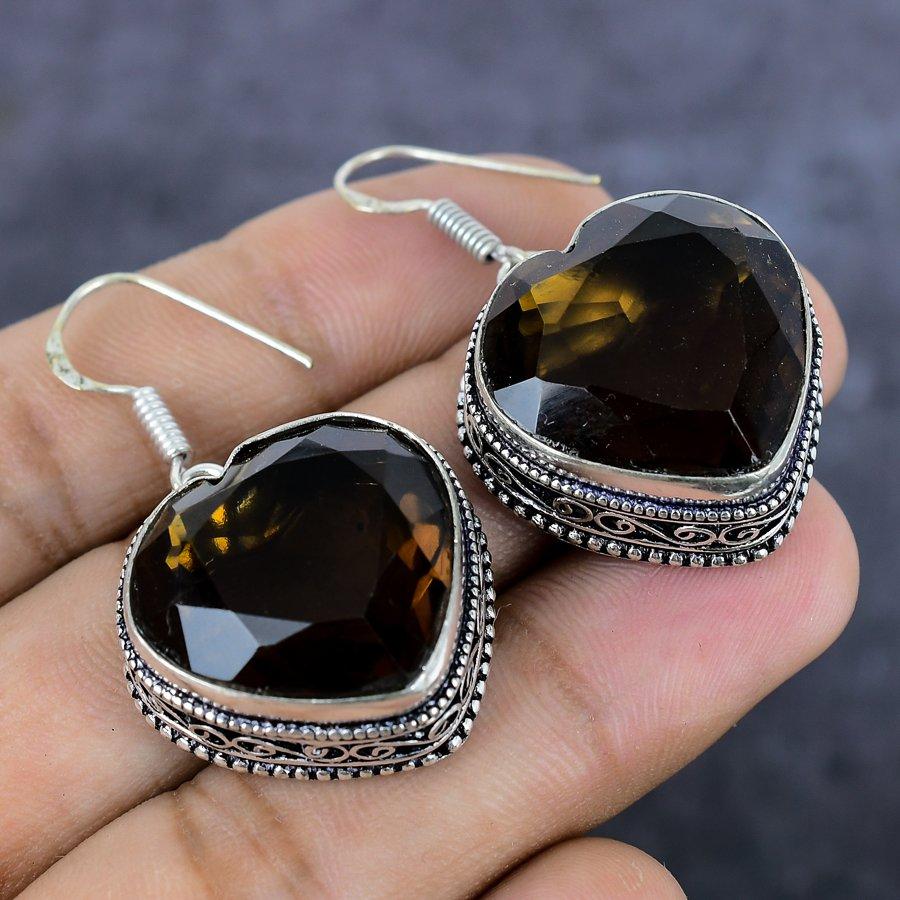 Natural Smoky Topaz Gemstone 925 Sterling Silver Jewelry Earring 1.69" O3u04