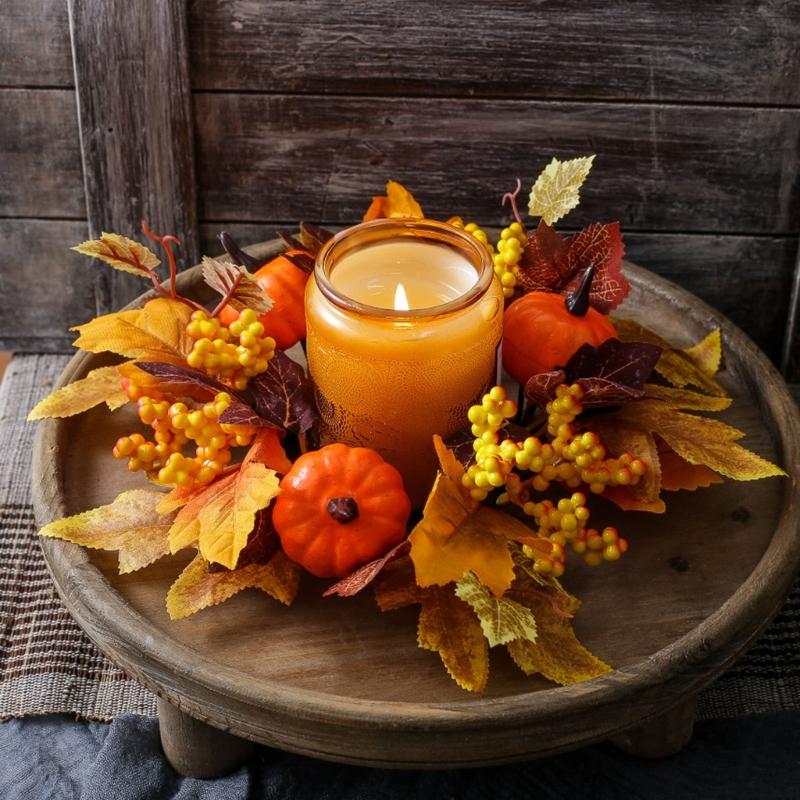 Fall Thanksgiving Table Decorations Vegetable Maple Leaf Candle Circle Safe