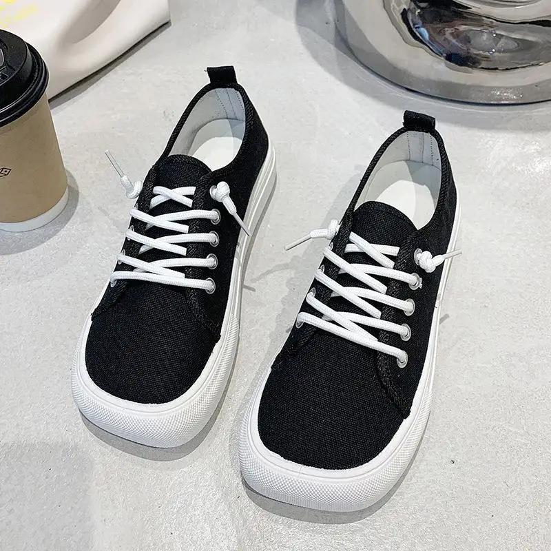 Platform Canvas Shoes for Women New Square Toe Laces Korean Fashion Sneakers Plaid Leopard Print Student Single-Layer Shoes