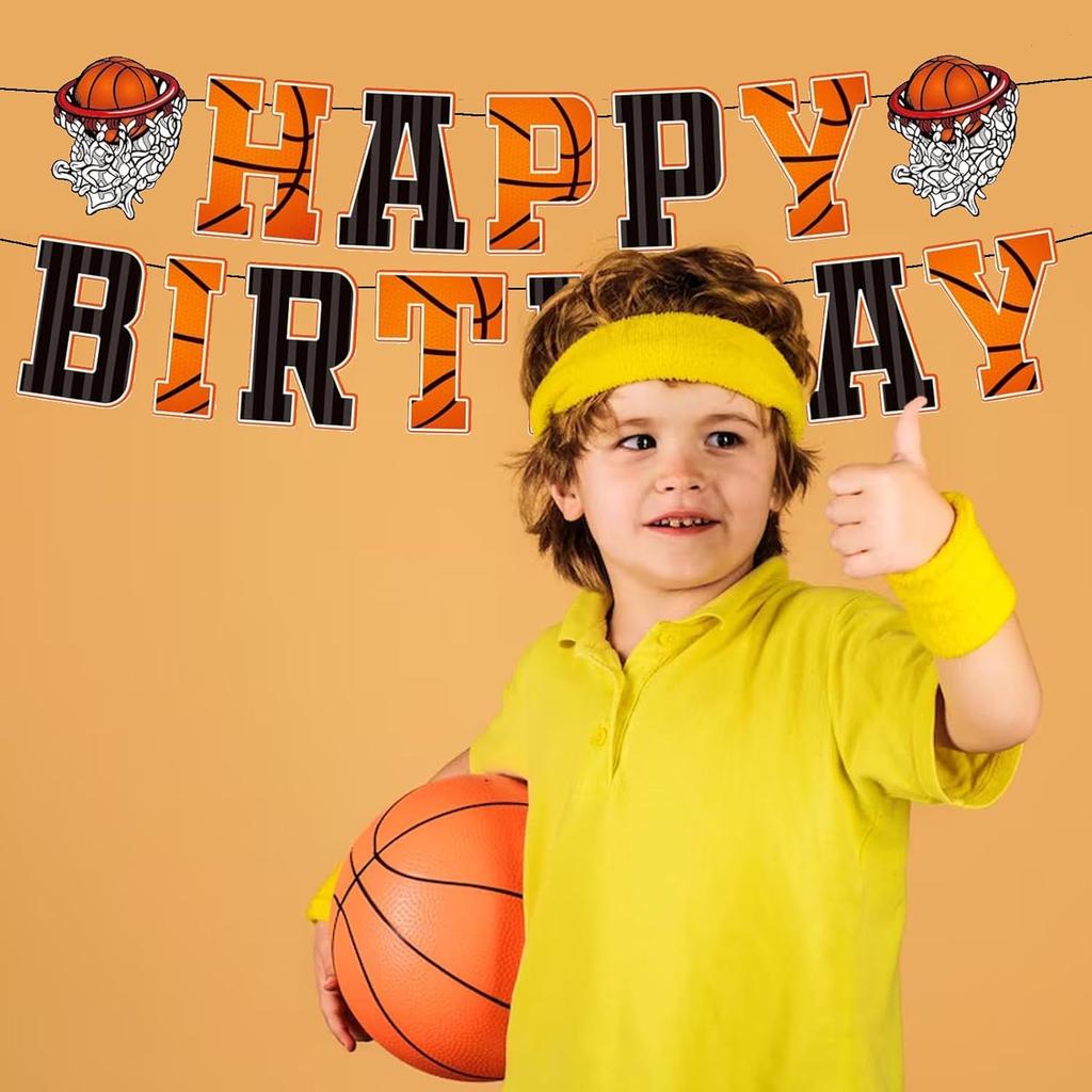 Basketball Happy Birthday Banner Basketball Theme Birthday Party Decoration Kids Teenagers Boys Men Birthday Party Bunting Sign, Orange