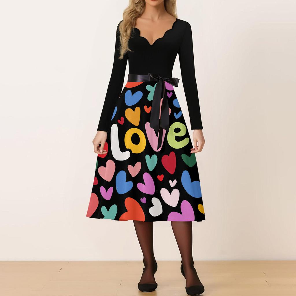 Damska Codzienna Modna Sukienka Retro z Nadrukiem Walentynkowym i Dekoltem V