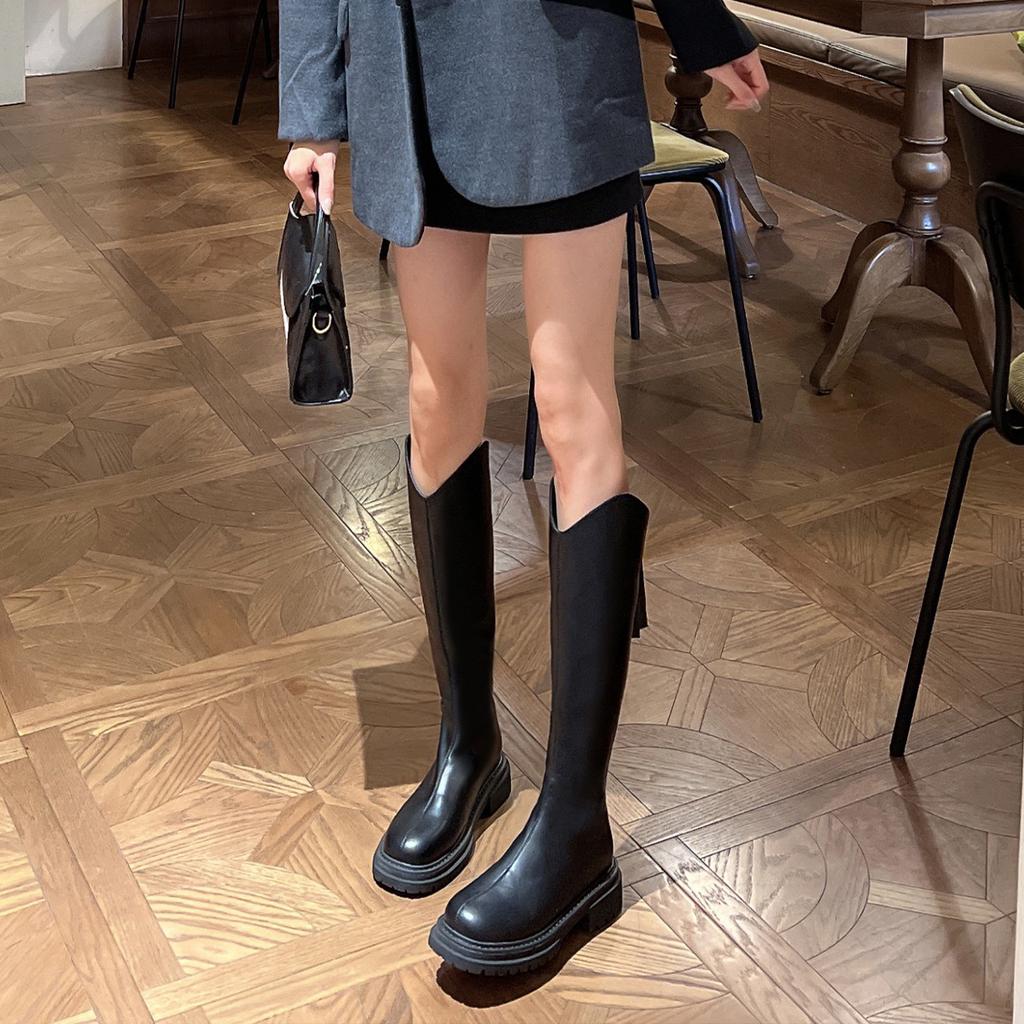 Thick-soled new elastic V-mouth boots women's rear zipper tall knight long boots are available in all sizes