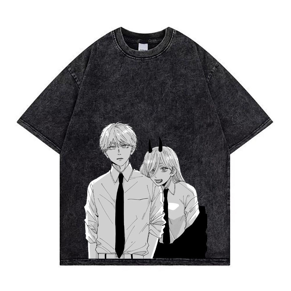 Chainsaw Man Denji Power Manga Panel Vintage Washed T Shirt  Summer Oversized Streetwear Anime Graphic Tee for Men Women