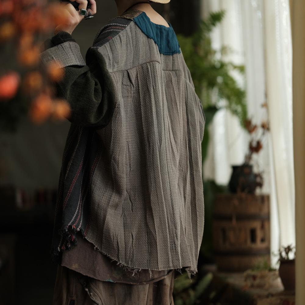 Johnature Vintage Damen Patchwork Gestreifte Jacken Herbst Lockere Mäntel Weiblich Chinesischer Stil Jacken