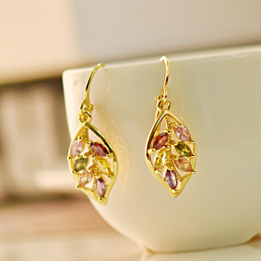 18k Gold Plated Leaf Earrings with Colorful Topaz Gemstones Elegant Dangle Earrings for Women