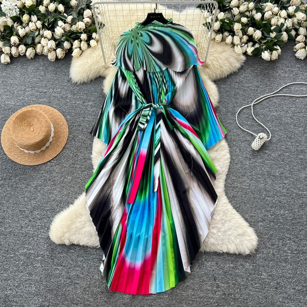 Spring Autumn Women Elegant Print Miyake Fold Cape Robe Batwing Sleeve Oversized Loose Pleated Home Dresses