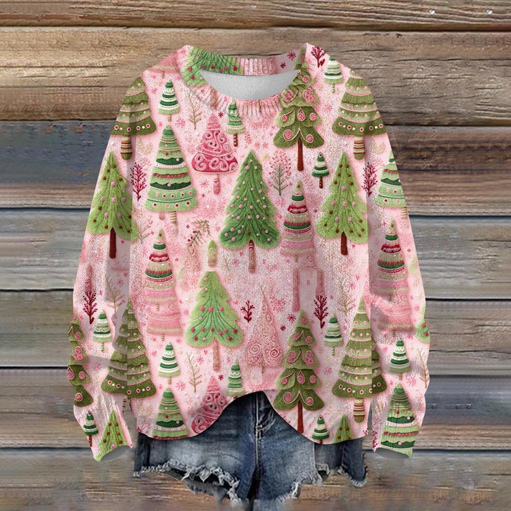 Ladies' Fashionable Casual Long Sleeved Christmas Printed Round Neck Knitted Yarn