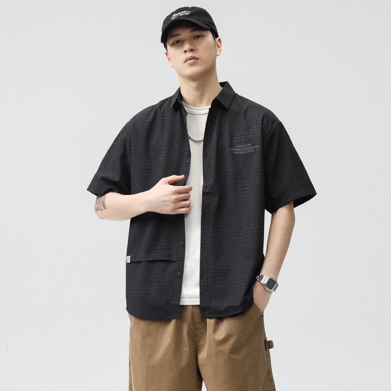 Summer Jacquard Ice Silk Work Shirt Style Men's Lapel Loose Short-sleeved Shirt Men