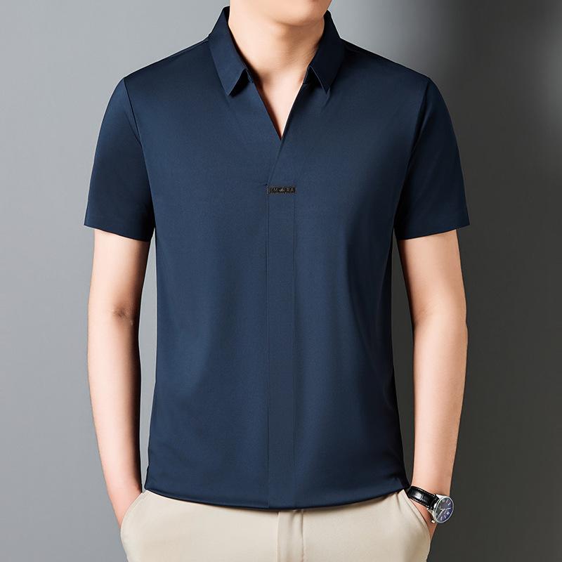 Summer Youth Business Casual High Elastic Half-sleeved POLO Shirt Ice Silk Seamless V-neck Short-sleeved Men's T-shirt