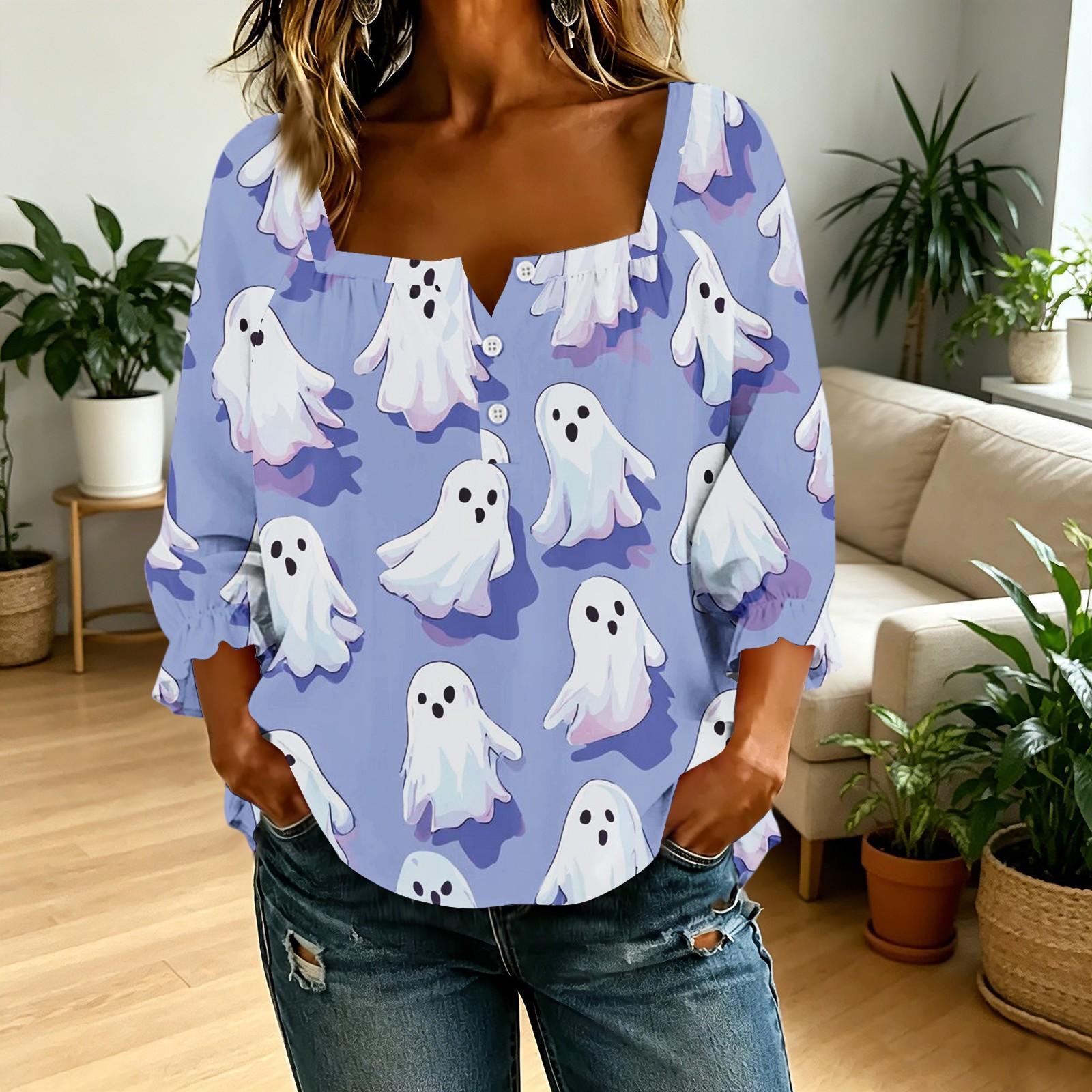Women s 3D Printed Halloween Square Neck Button T-Shirt Top for Costume Party XL