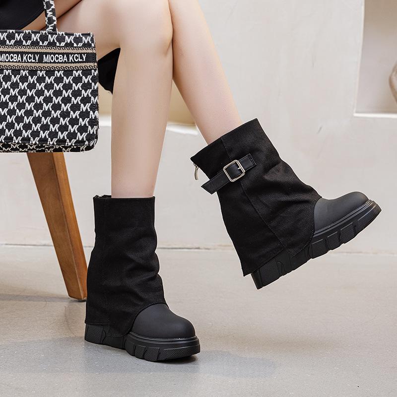 Thick-soled Inner Heightening Trouser Boots, New Women's Medium Tube Belt Buckle Short Boots In Autumn and Winter 2025, Solid Color Martin Boots