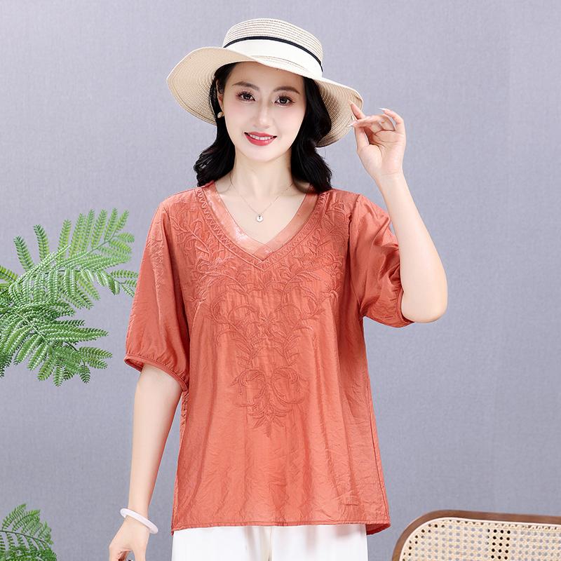 Sommer Elastisches T-Shirt Massive Baumwolle Hanf Damenbekleidung Kurzarm V-Ausschnitt Übergröße Stickerei Retro Lose Vielseitige Oberteile