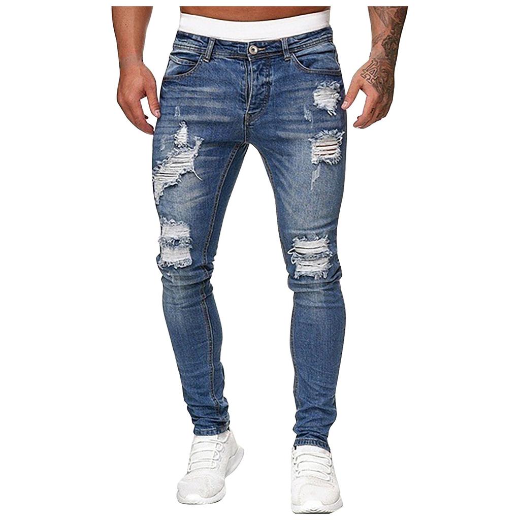 Men's Skinny Ripped Jeans Mid Waist Cotton Containing Slim Small Leg Pants