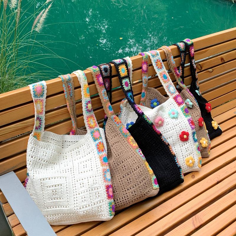 Retro Flower Women's Knitted Crossbody Bag Vintage Plaid Ladies Vacati Knit Handbags Large Capacity Female Tote Shoulder Bags