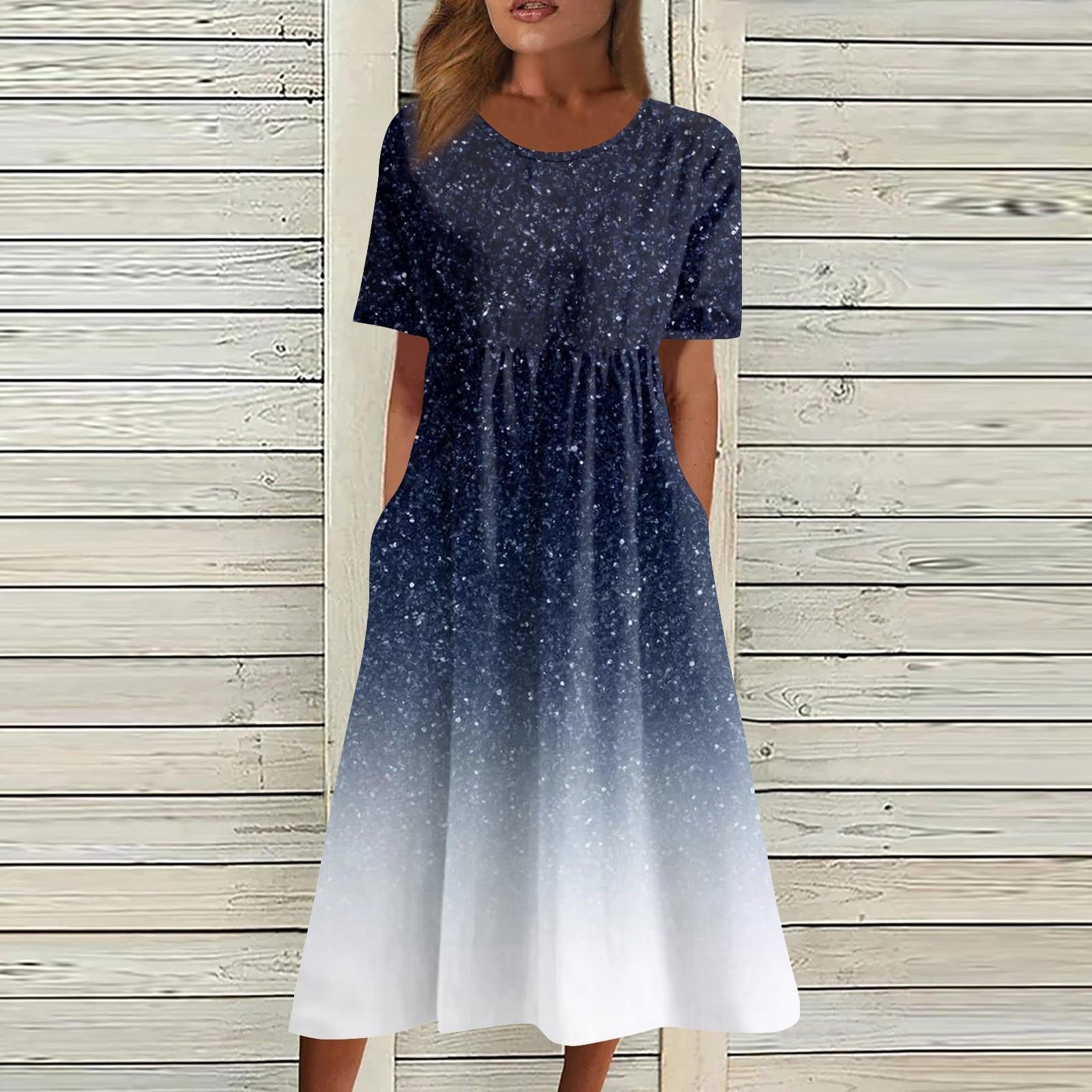 

Женское струящееся платье миди в стиле бохо с цветочным принтом, повседневное свободное летнее платье с коротким рукавом для пляжного отдыха и карманами XXXL тёмно-синий