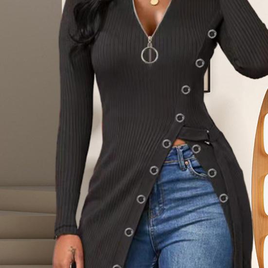 Women Spring Fall Top Zipper V Neck Long Sleeve High Split Hem Mid Length Elastic Lace Up Waist Strap Solid Color Lady Long Blouse