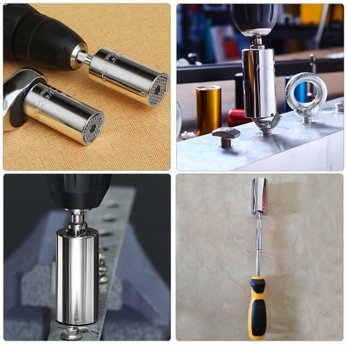 MAEXUS Universal Socket, Fits 7-19mm (1/4-3/4 Inch), 54 Built-in Steel Pins, Multi-Function 2-Piece Set, Work Tool with Drill Adapter