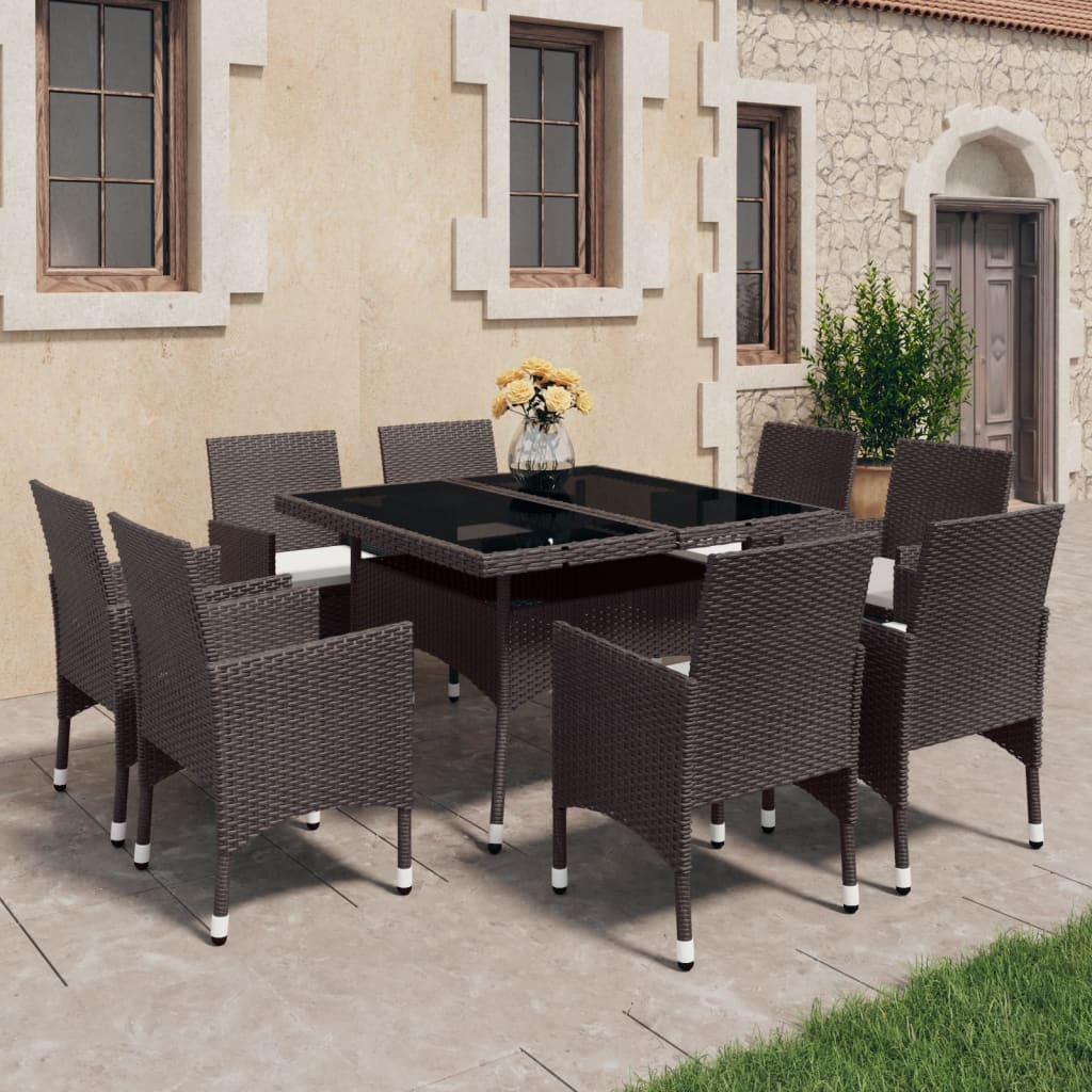 9 Piece Brown Garden Dining Set Poly Rattan & Tempered Glass