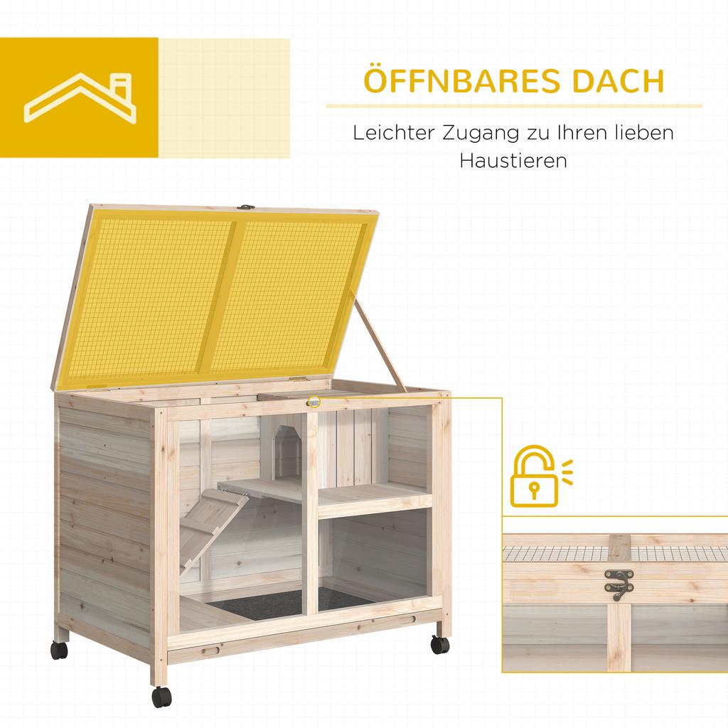 Small Animal Hutch with 2 Levels, 4 Wheels, Sealed Fir Wood, Natural