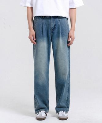CREEDMENS Owner Half-Banding One-Pleat Wide Washed Denim Pants (Blue)