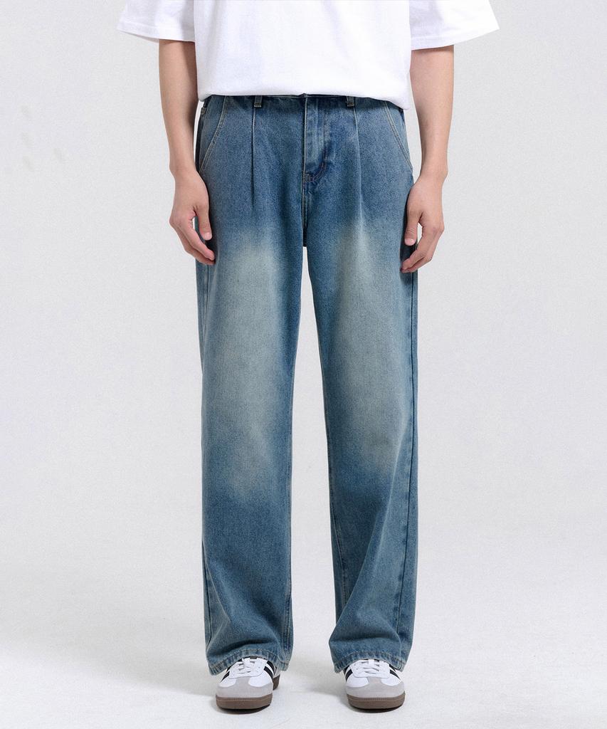 CREEDMENS Owner Half-Banding One-Pleat Wide Washed Denim Pants (Blue)