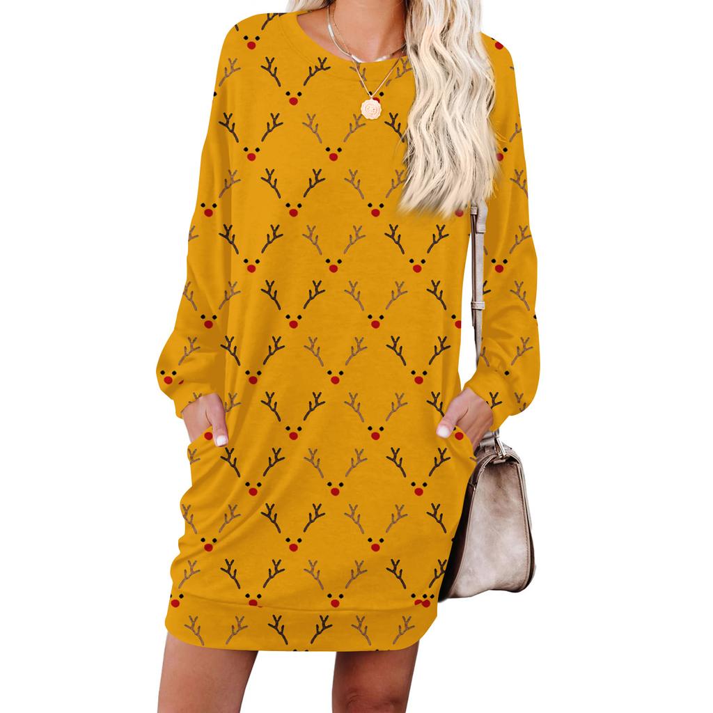 Damen Retro Bedrucktes Modisches Langarm Rundhals Taschenkleid