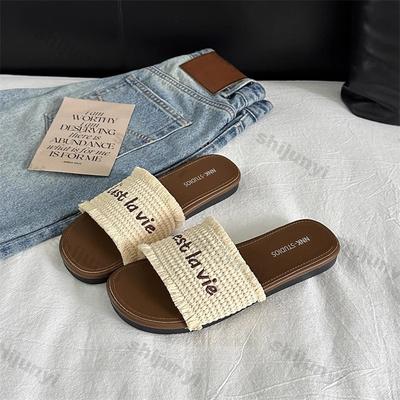 Women's One Word Slippers 2026 Summer Comfortable Lightweight Casual Flats Fashion Fringe Fly Weave Beach Shoes Zapatos Mujer