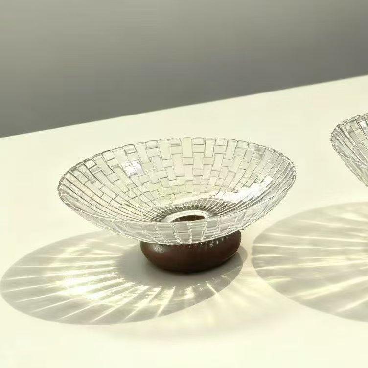 Vintage Glass Fruit Bowl with Wooden Base - Modern Home Coffee Table Snack & Dried Fruit Plate, Personalized & Exquisite Design