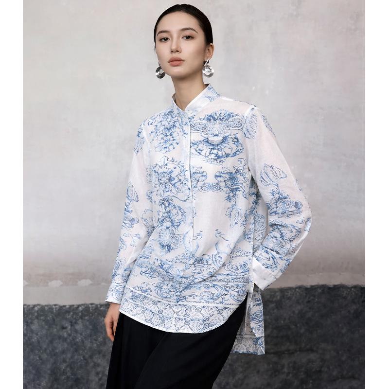

2026 Spring Women s Blue & White Porcelain Stand Collar Long Sleeve Shirt, Chinese Style, Slim Fit, Pure Cotton XL