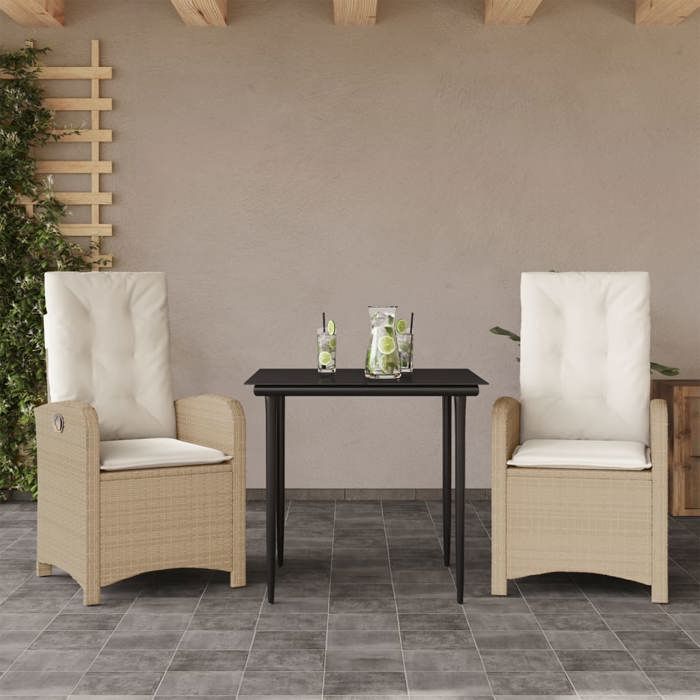 VidaXL Ensemble à Manger de Jardin avec Coussins 3 pcs, Table et Chaises avec Dossier Réglable, Meubles d'Extérieur Patio 3212370