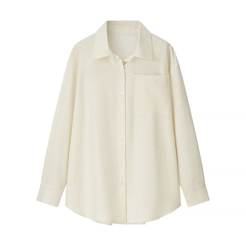 Autumn New Arrival Women clothes Two-piece Set Polo Collar Loose Long sleeve Stripe Shirts Casual Straight Wide Leg Trousers