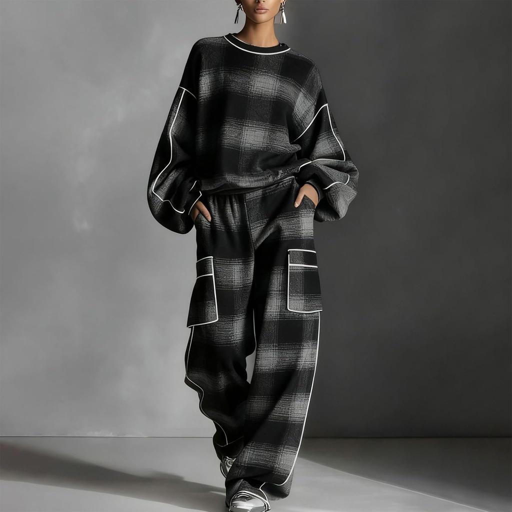 Women's Casual Plaid 2 Piece Set Pantsuit Set