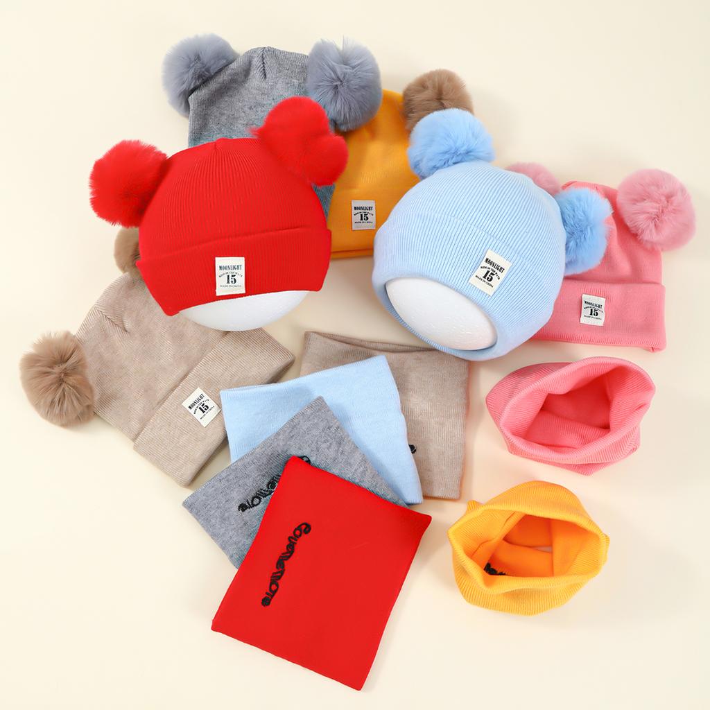 2pcs Winter Baby Hat Scarf Set Toddler Girl Boy Cap Knitted Beanie Fur Ball Cartoon Bear Snow Outfit Infant Accessories