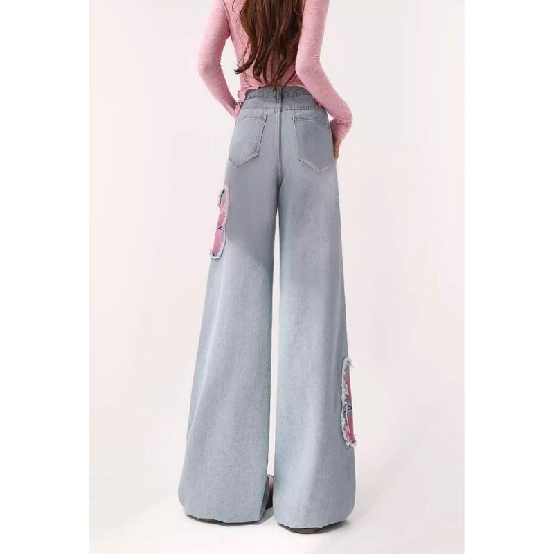 Spring Ladies New Light Color Straight Wide Leg Butterfly Jeans