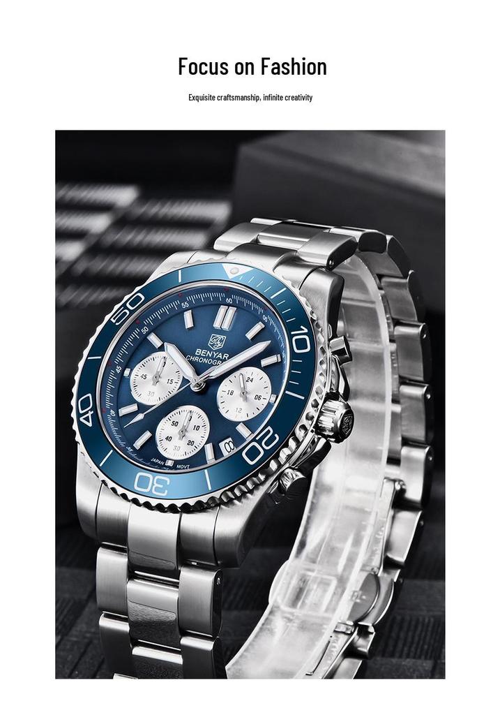Benyar Men's Stainless Steel Multifunction Chronograph Watch - Luminous, Waterproof S002