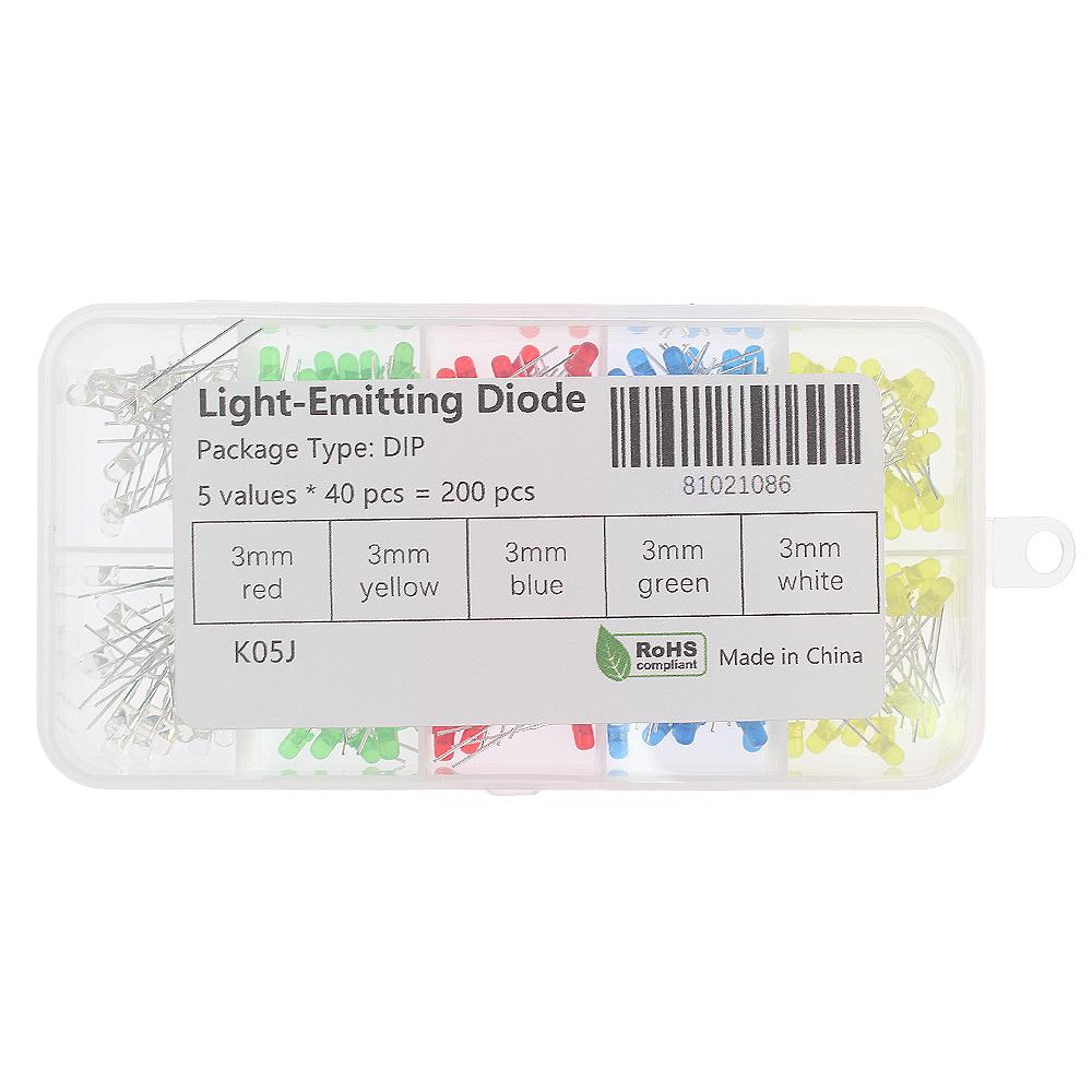 

50-200 шт. 3 мм світлодіодні яскраві багатокольорові індивідуальні світлодіоди, асортиментний набір червоних/зелених/синіх/жовтих/помаранчевих/білих ламп 5colors x 40 pcs Kit