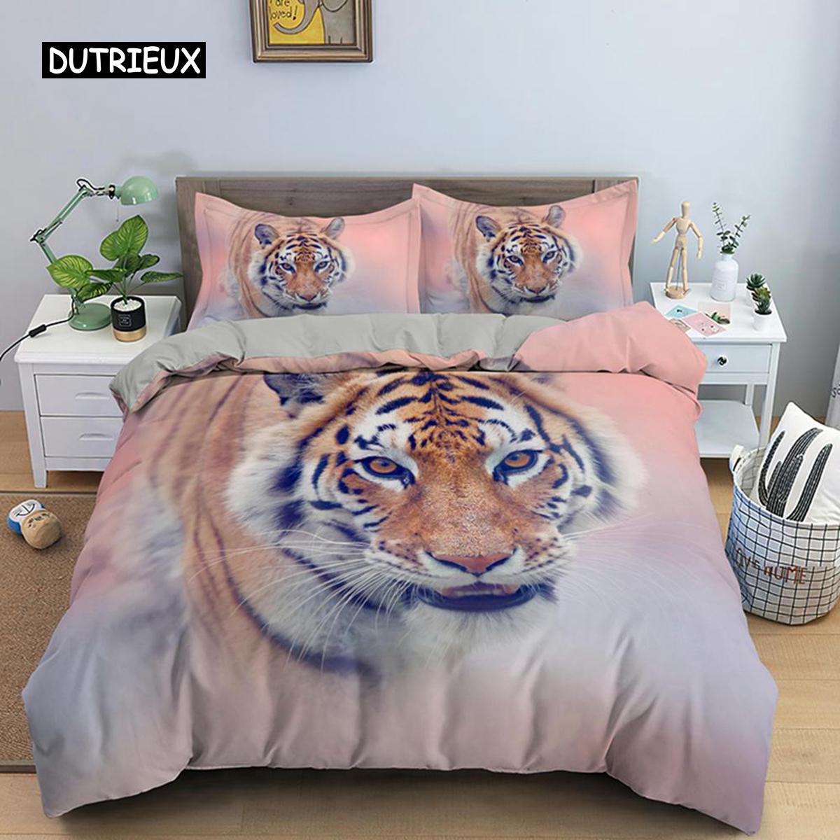 Tiger Duvet Cover Set King Size Wild Theme Bedding Set Animal Pattern Comforter Cover Animal Theme Sunset Polyester Quilt Cover Tool EU single(135x200cm)