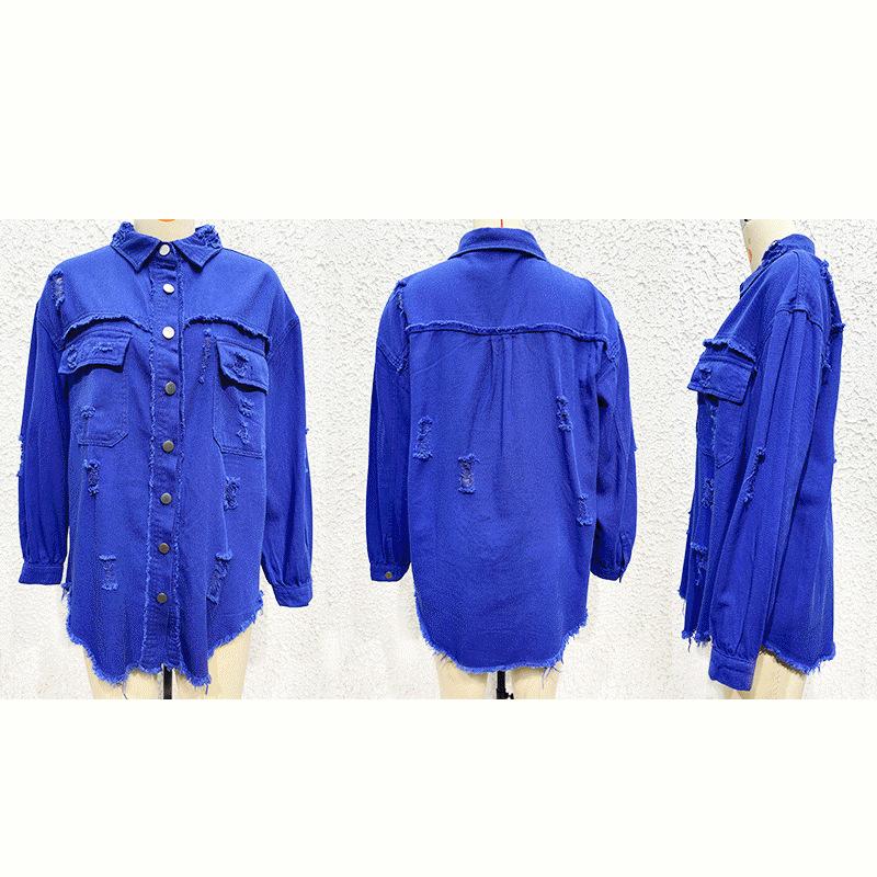Jachetă din denim de lungime medie pentru femei, cu găuri cu margine brută, toamnă și iarnă, cu mâneci lungi, casual cu revere