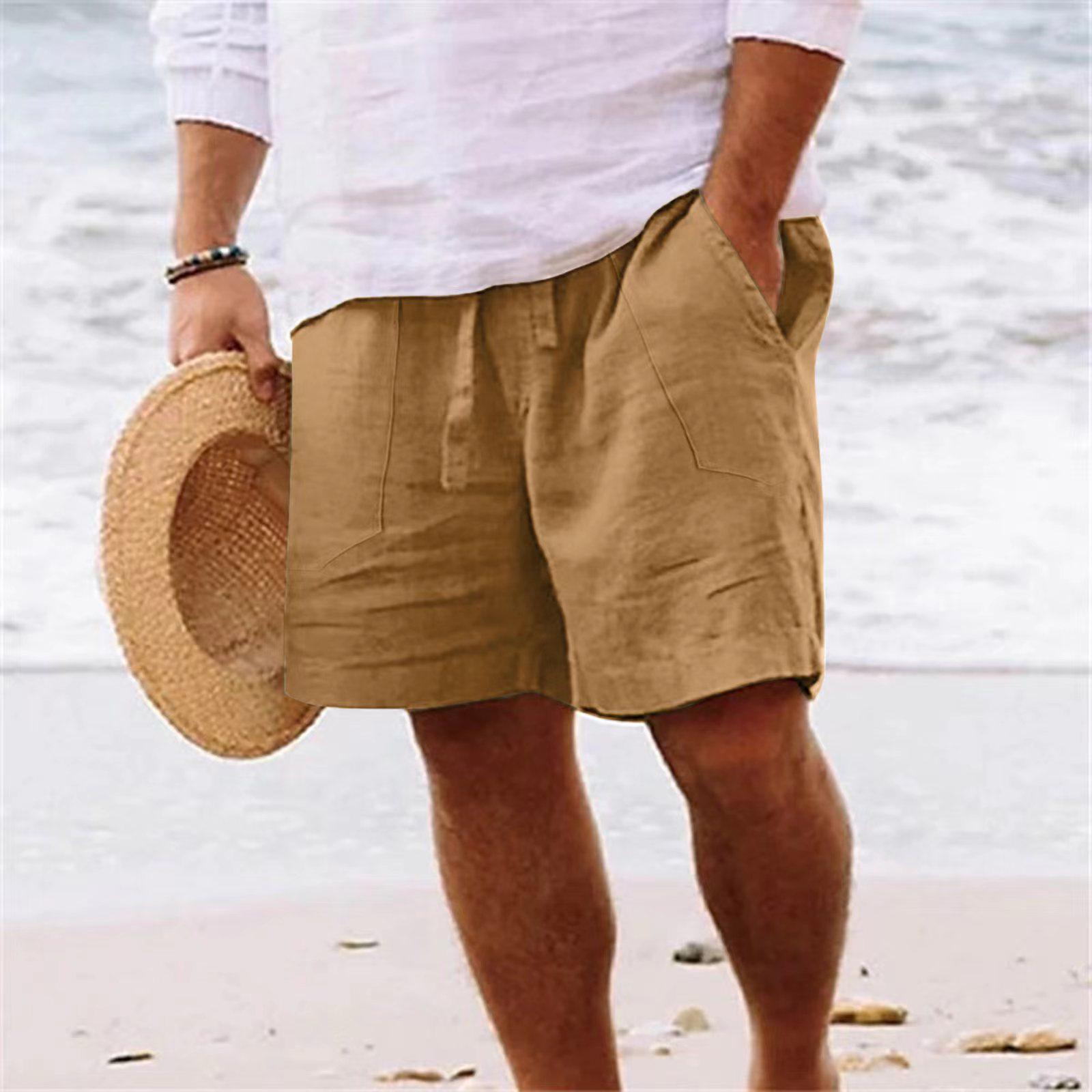 

Men s Cotton Linen Summer Shorts - Drawstring Waist, Straight Leg, Breathable, Comfortable for Daily Wear or Beach Use L хаки